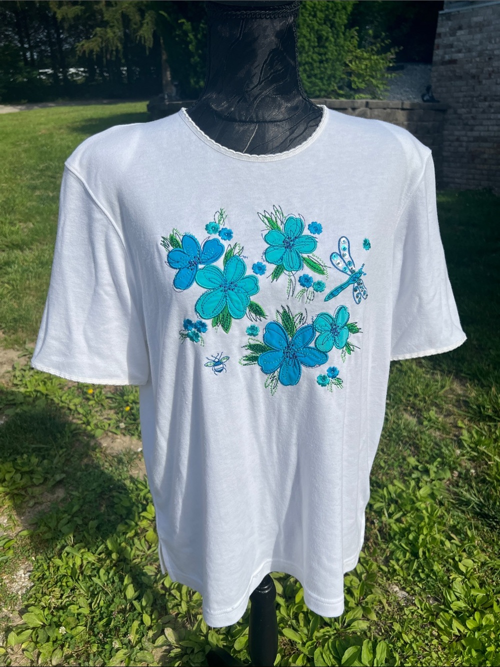 White Tunic Top with Teal & Blue Floral Embroidery